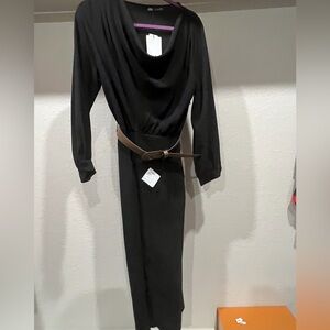 Zara Black Long Sleeve Dress with Brown Belt